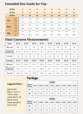 Extended size guide for top with bust, waist, hips measurements, and sewing pattern details