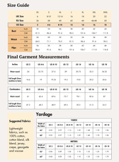 Size guide chart for women's halter top sewing pattern with measurements