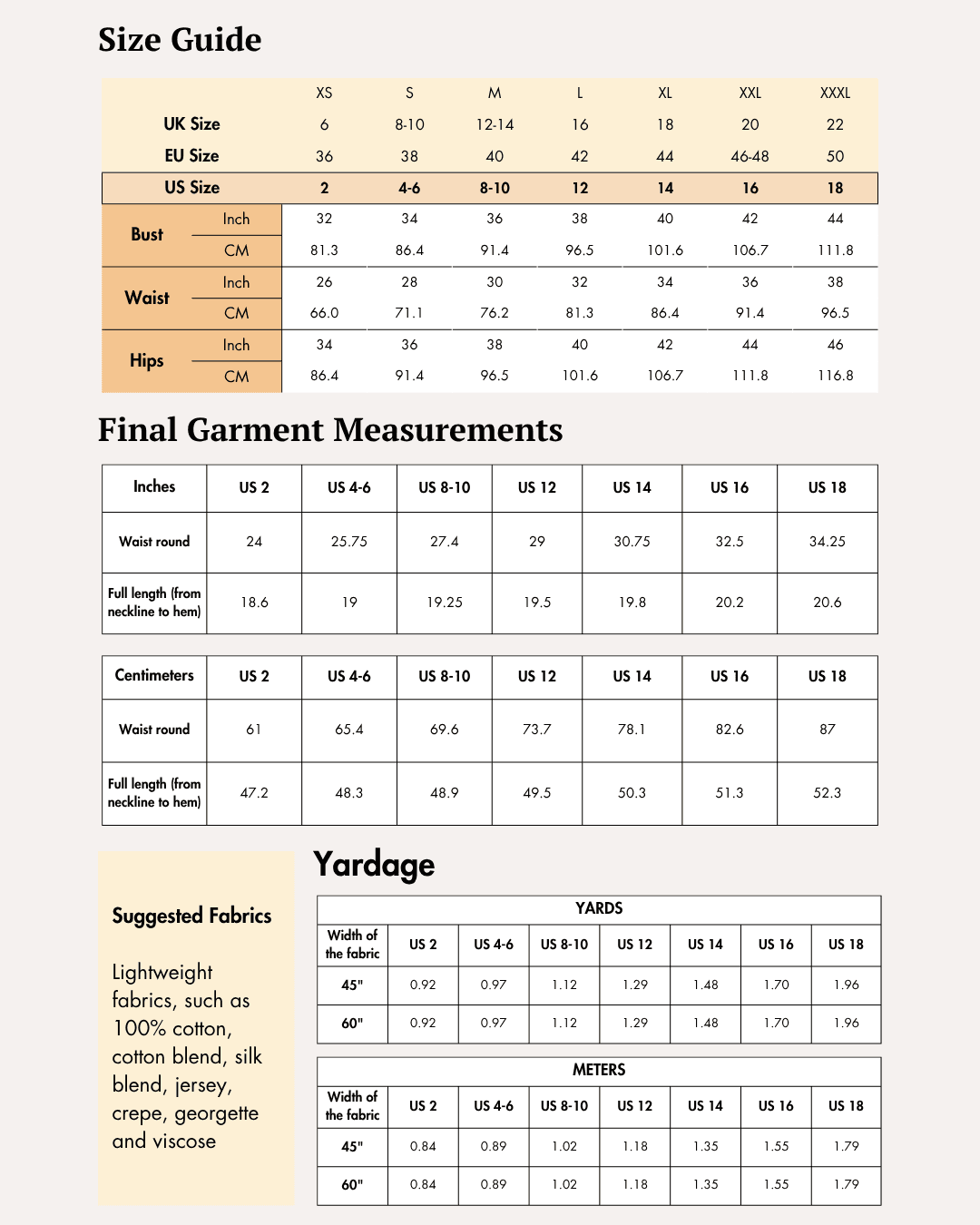 Size guide chart for women's halter top sewing pattern with measurements