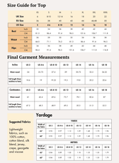 Size guide and measurements for top and shorts sewing pattern, including inches and centimeters