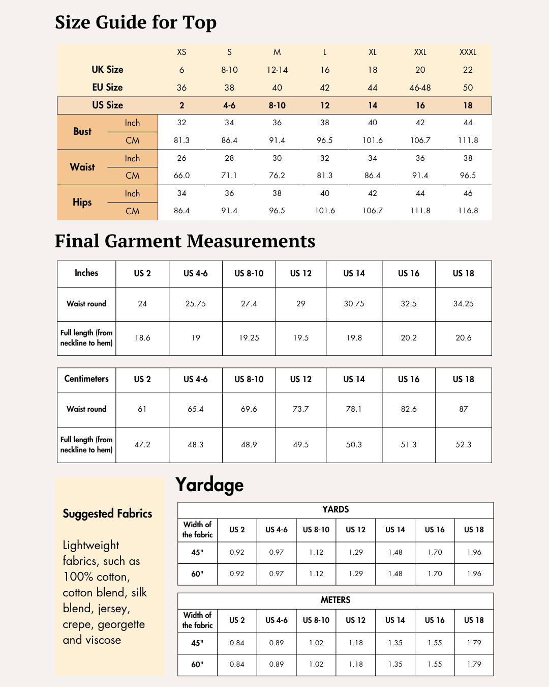 Size guide and measurements for top and shorts sewing pattern, including inches and centimeters