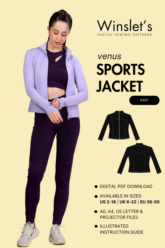 Sports Jacket Sewing Pattern - Venus. Digital PDF pattern for a slim-fit jacket with a full zip closure and thumbhole cuffs, ideal for activewear.