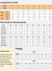 Extended Size chart for women's sports jacket sewing pattern 'Venus' with bust, waist, and hips measurements
