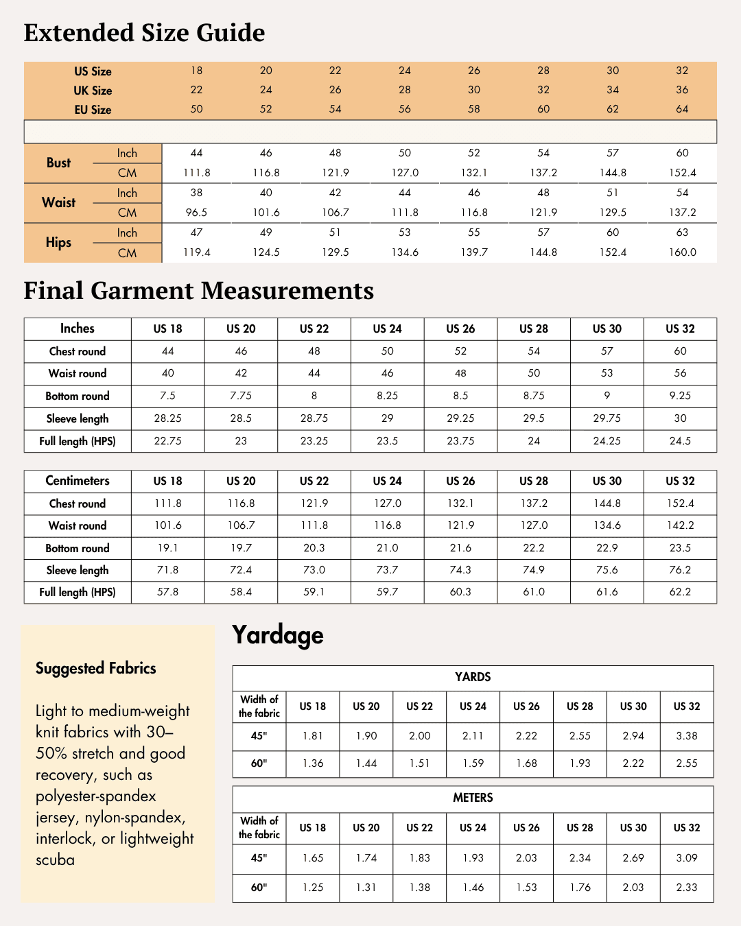 Extended Size chart for women's sports jacket sewing pattern 'Venus' with bust, waist, and hips measurements