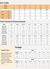 Size chart for women's sports jacket sewing pattern 'Venus' with bust, waist, and hips measurements