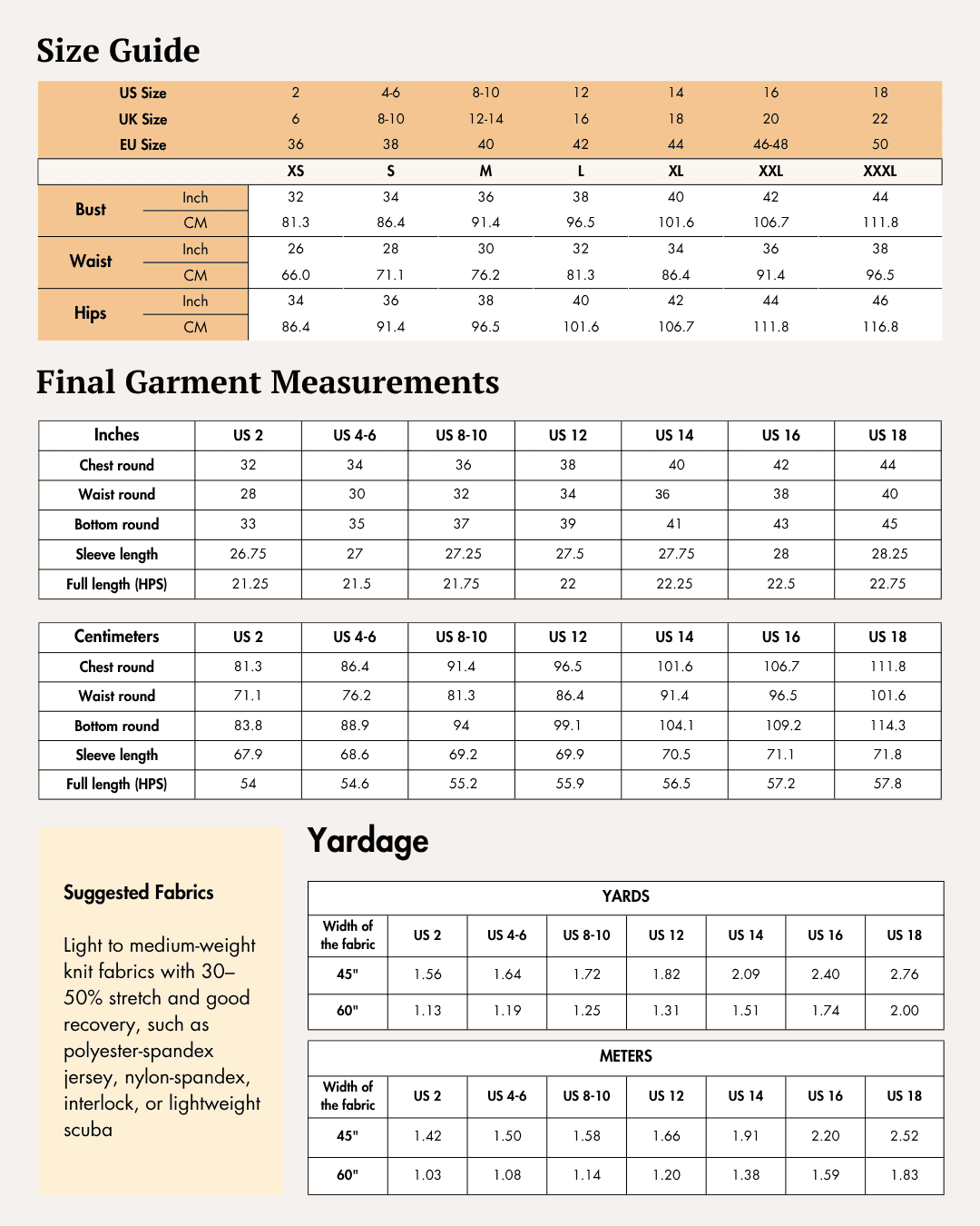 Size chart for women's sports jacket sewing pattern 'Venus' with bust, waist, and hips measurements