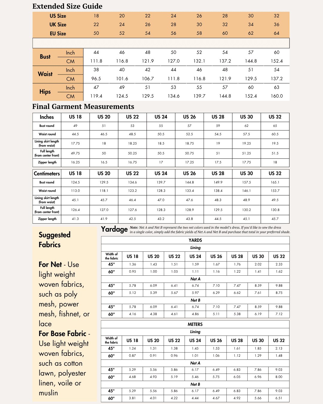 Extended Size guide chart for women's sewing pattern Viola dress