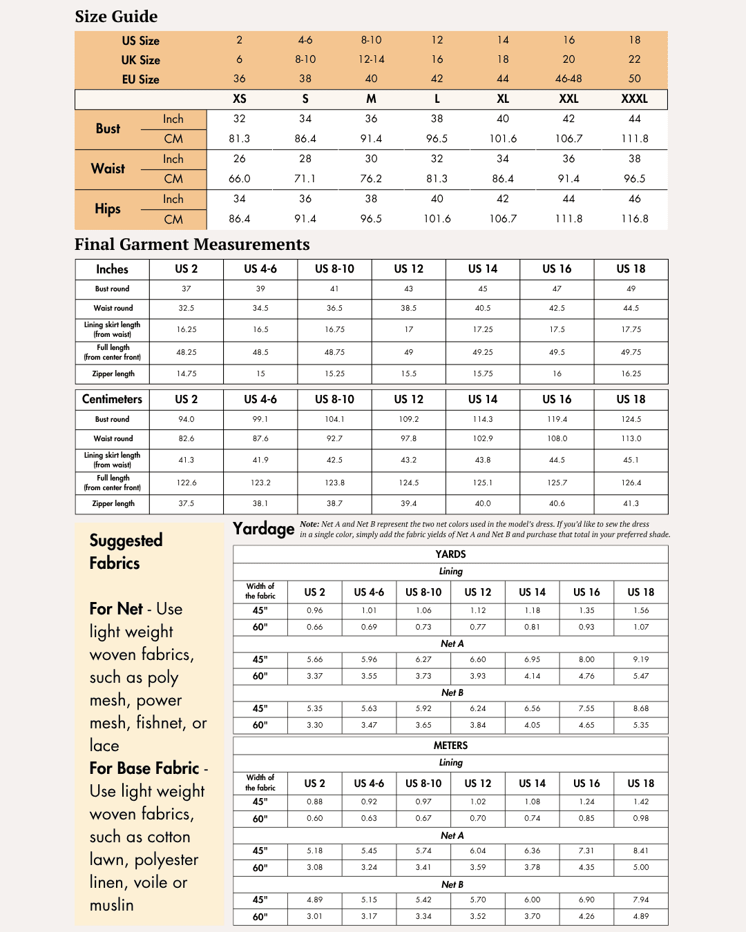 Size guide chart for women's sewing pattern Viola dress