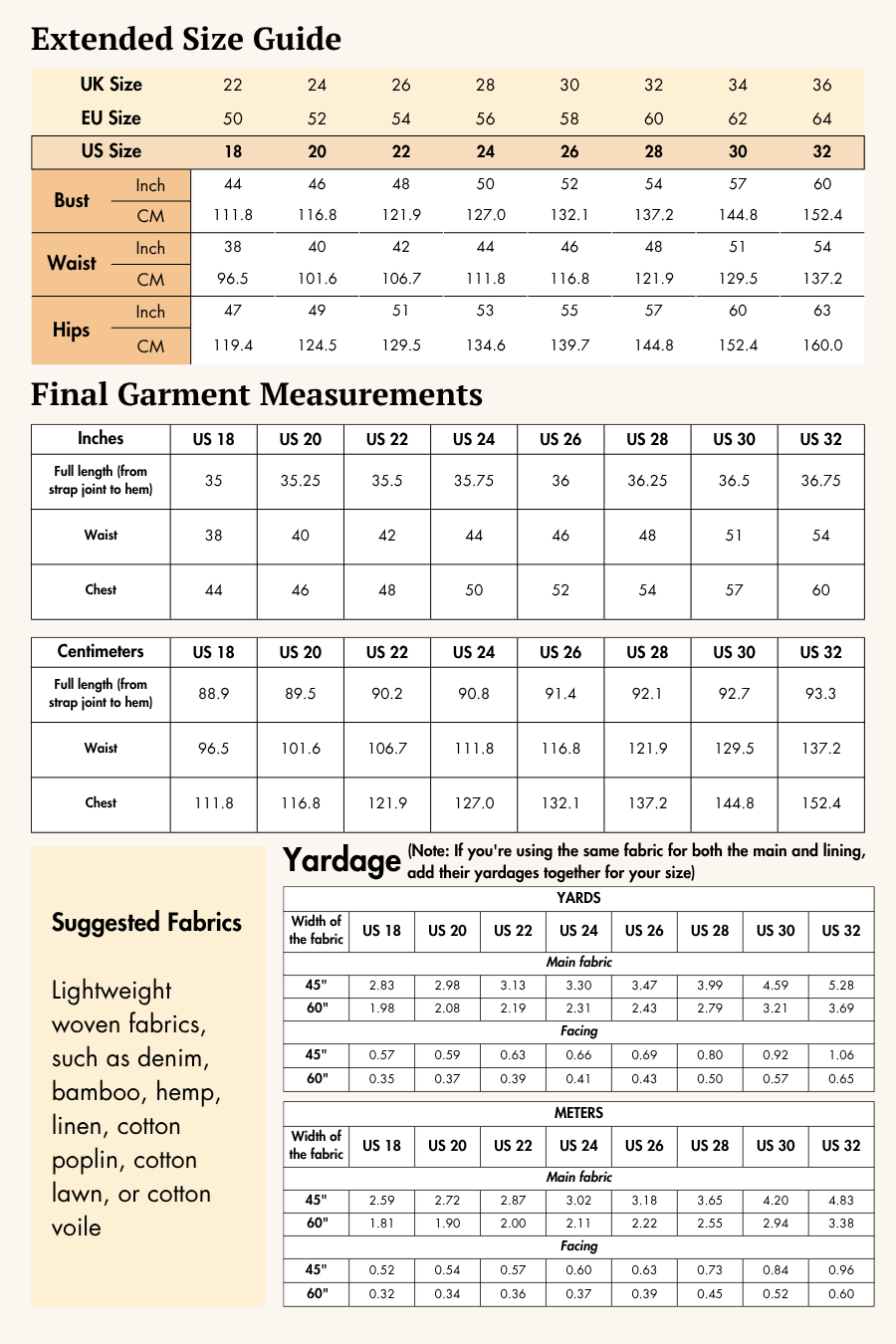 Extended Size guide of Violet Barbiecore sewing pattern