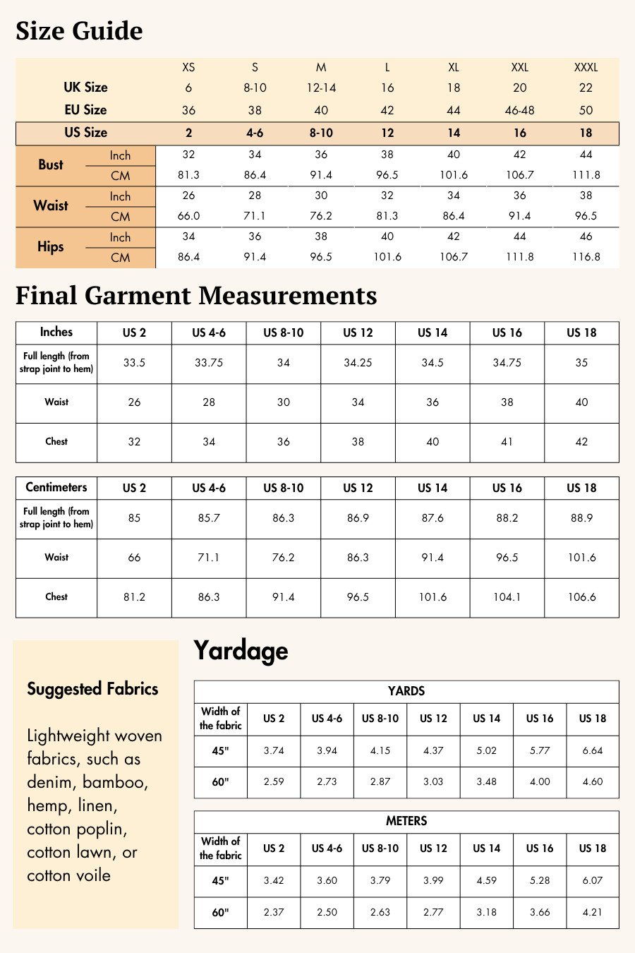 Size guide of Violet Barbiecore sewing pattern