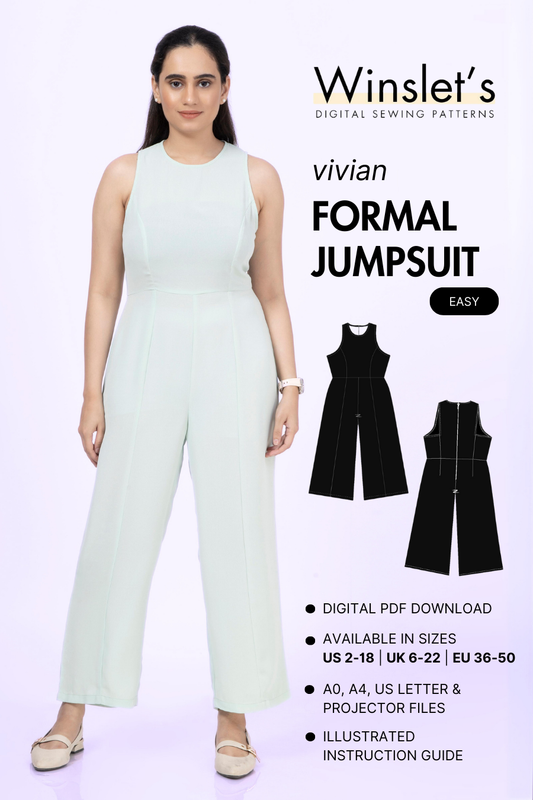 Vivian Jumpsuit Pattern - Formal Design with sleek fitted bodice and wide-leg pants. Digital sewing pattern available in multiple sizes.