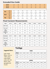 Extended Size guide chart for women's jumpsuit sewing pattern with measurements in inches and centimeters