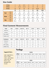 Size guide chart for women's jumpsuit sewing pattern with measurements in inches and centimeters