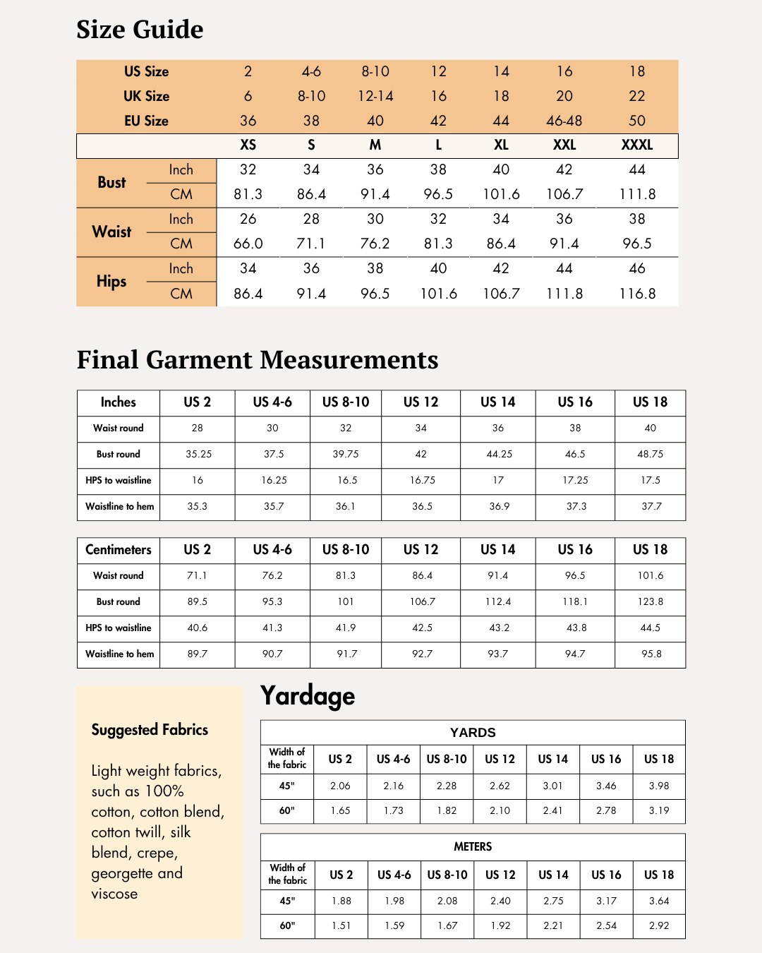Size guide chart for women's jumpsuit sewing pattern with measurements in inches and centimeters