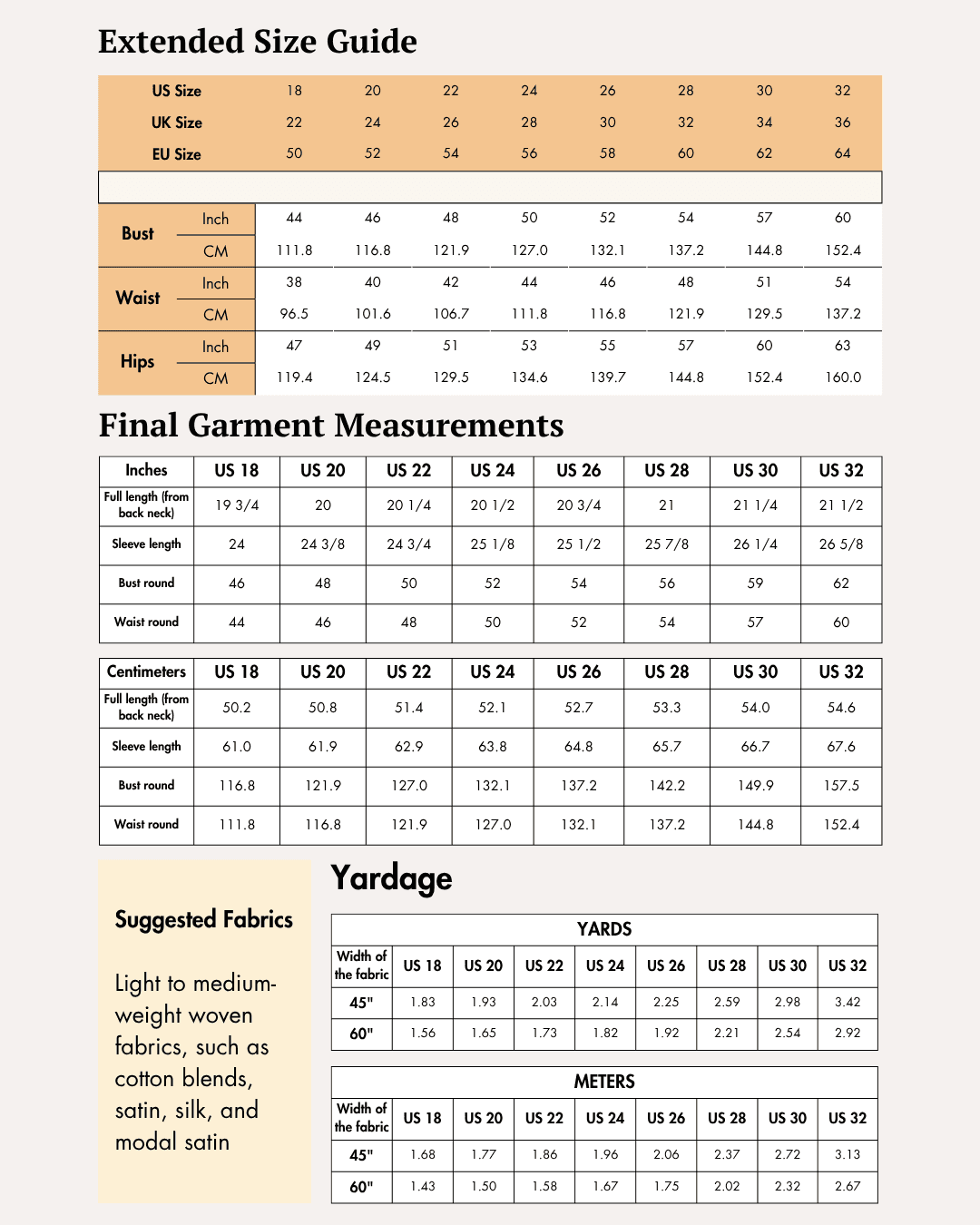 Extended size guide for women's purple cropped top with detailed measurements and fabric suggestions