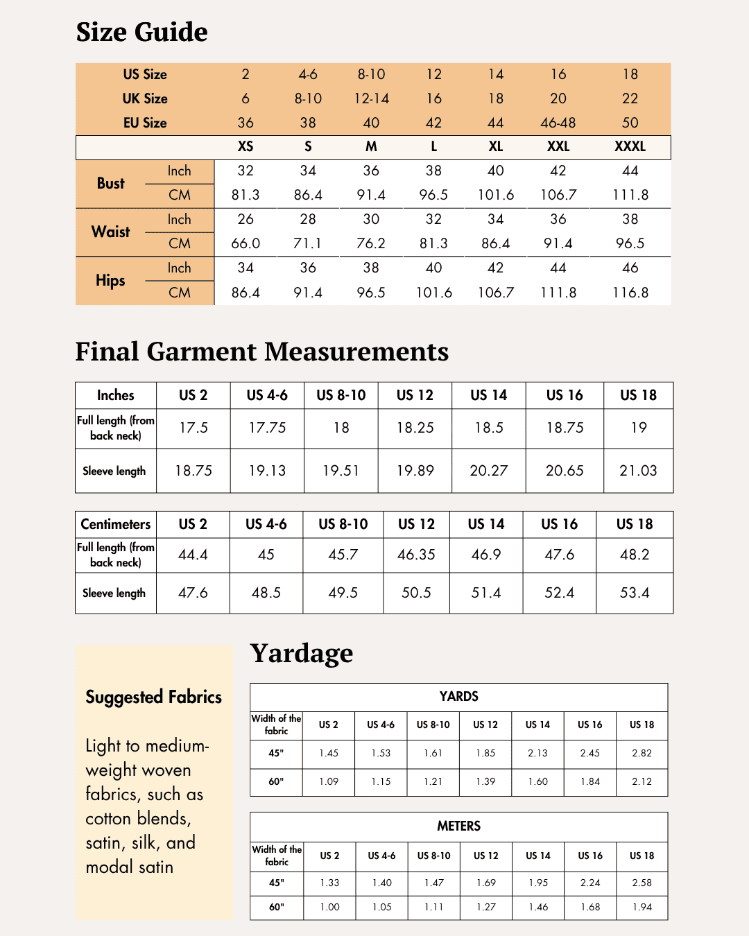 Size guide and sewing pattern details for women's cropped top with voluminous sleeves