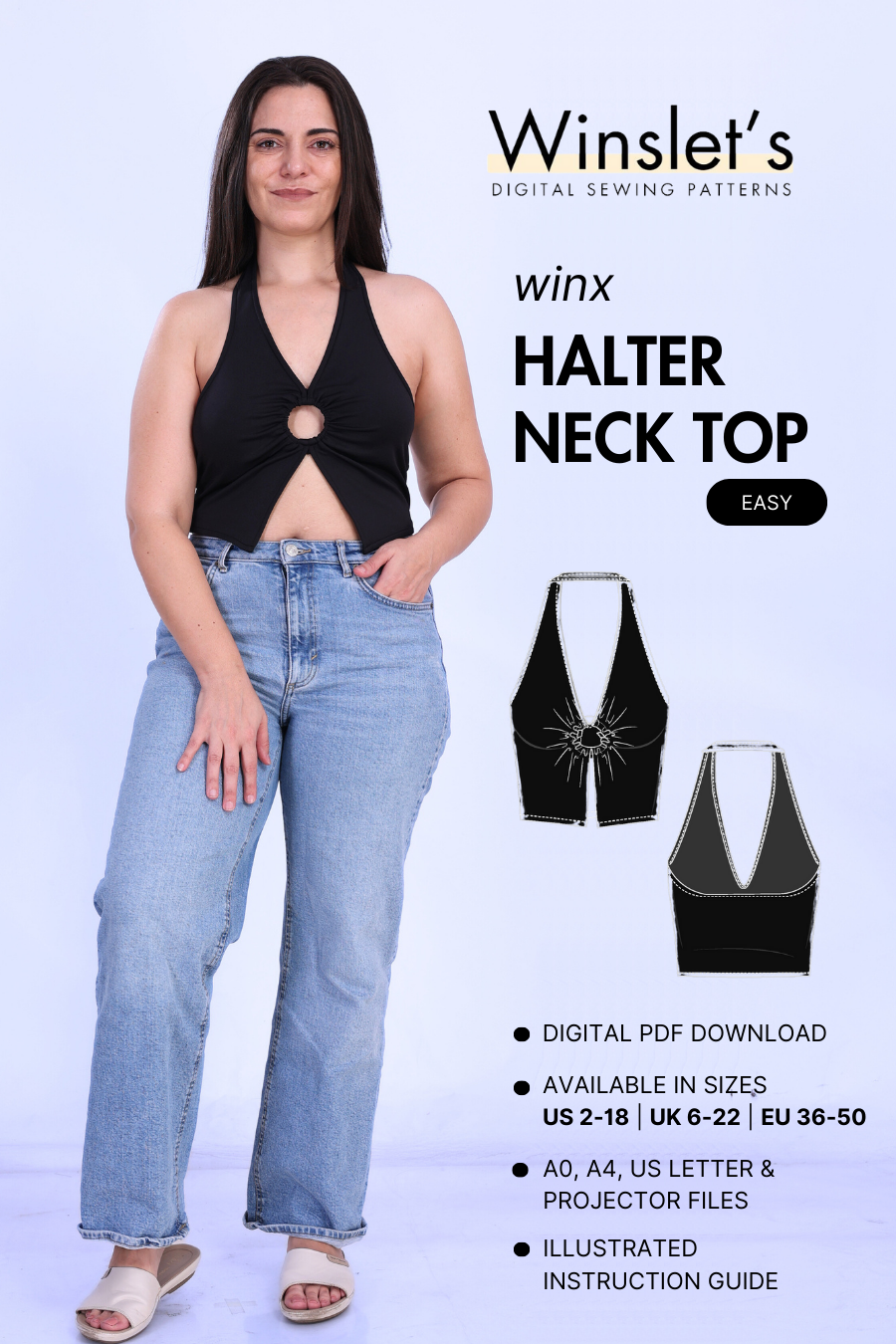 Halter Neck Top Sewing Pattern 'Winx' featuring a stylish cut-out front design. Digital PDF download with multiple size options and illustrated guide.