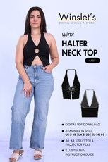 Halter Neck Top Sewing Pattern 'Winx' featuring a stylish cut-out front design. Digital PDF download with multiple size options and illustrated guide.