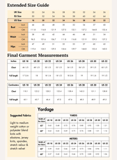Extended size guide for women's crop top sewing pattern, detailed bust, waist, hips measurements in inches and centimeters, with fabric suggestions