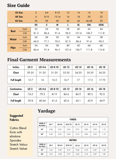 Size guide chart for women's crop top sewing pattern, includes bust, waist, hips measurements in inches and centimeters, with fabric yardage info