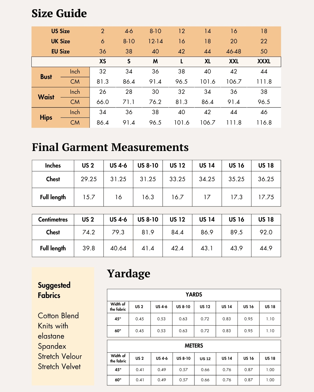 Size guide chart for women's crop top sewing pattern, includes bust, waist, hips measurements in inches and centimeters, with fabric yardage info