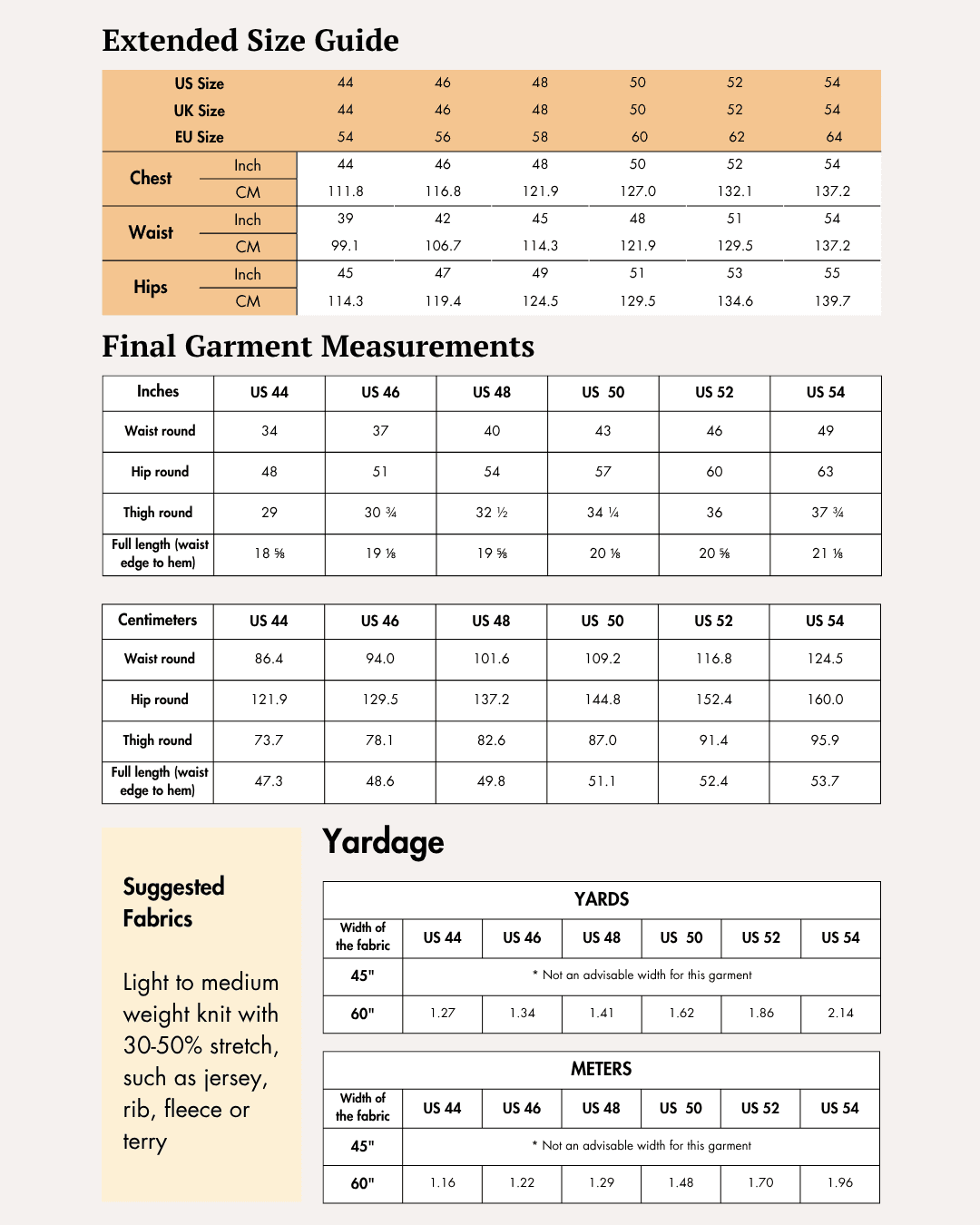Extended size guide for men's athletic shorts sewing pattern with detailed measurements for larger sizes