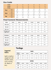 Size guide for men's athletic shorts sewing pattern with measurements in inches and centimeters for various sizes
