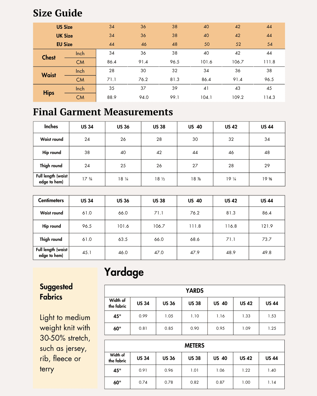 Size guide for men's athletic shorts sewing pattern with measurements in inches and centimeters for various sizes