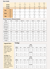 Size guide chart for sewing pattern