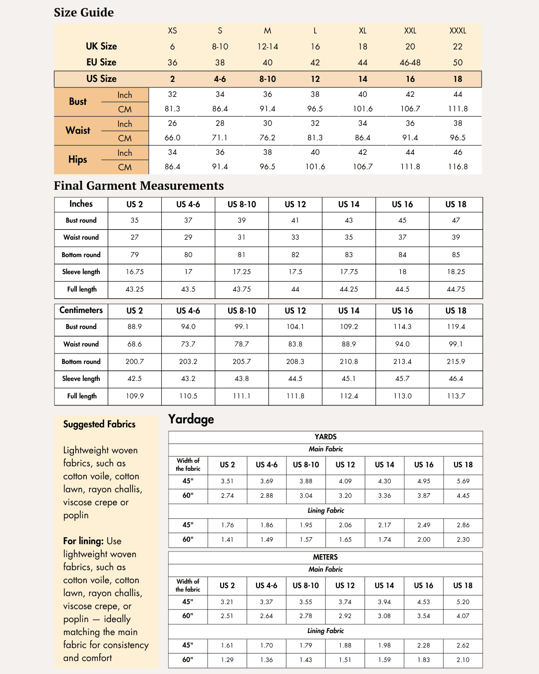 Size guide chart for sewing pattern